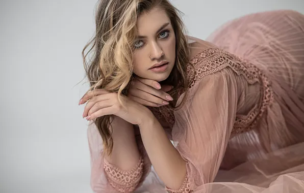 Look, girl, face, pose, background, hair, hands, dress