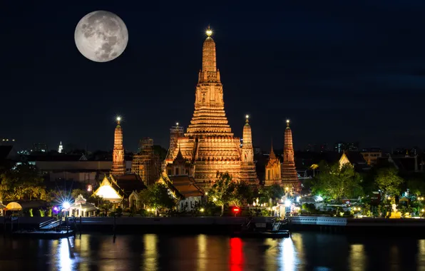 Night, lights, the moon, Thailand, temple, Bangkok, Wat Arun