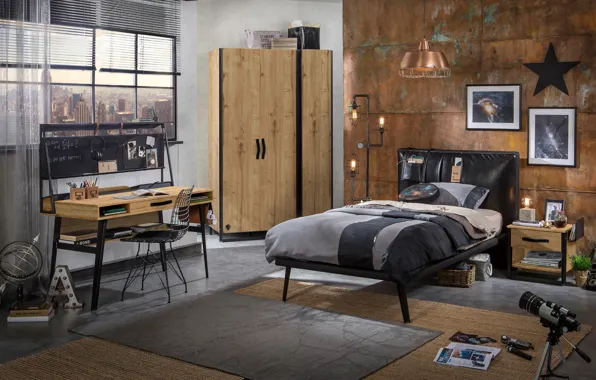 Design, style, interior, New York, megapolis, bedroom, Desk, the room of the student