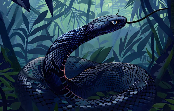 Grass, Snake, Trees, Jungle, Art, Reptile, Animal, Digital art