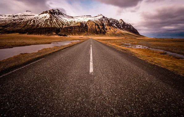 Road, snow, mountains, Iceland, Auster-Skaftafellssysla, South Iceland, Scandinavia