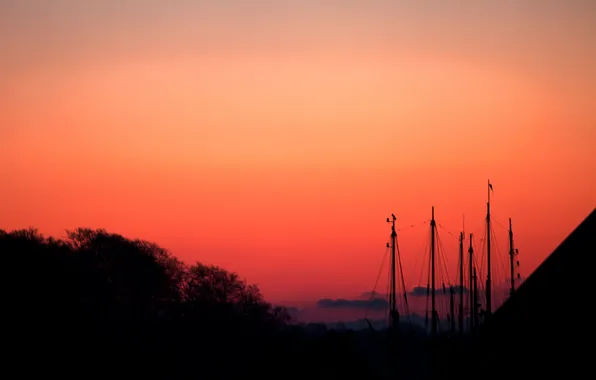 The sky, mountains, fog, ship, the evening, mast