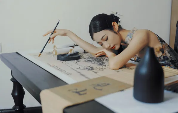 Beautiful, Asian, Model, Table, Woman, Cute, Pretty, Petite