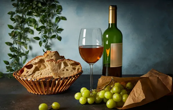 Wine, glass, bottle, bread, grapes