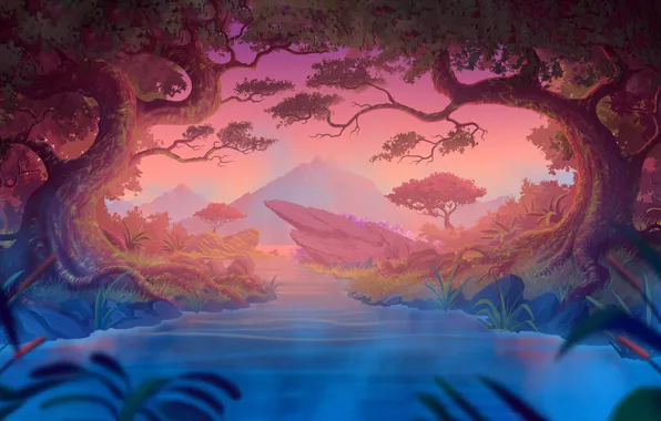 Water, The evening, Mountains, Trees, Forest, Fantasy, Landscape, Art
