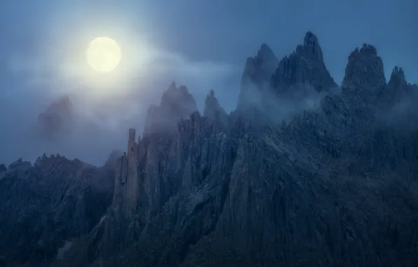 Light, mountains, night, fog, the moon, tops