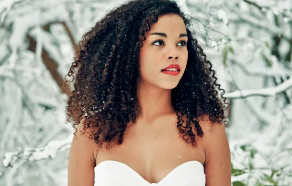 Eyes, snow, hair, dress, lips, beautiful, white dress, dress