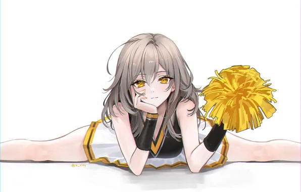 Cleavage, artwork, yellow eyes, simple background, miniskirt, gray hair, looking at viewer, Honkai Star Rail