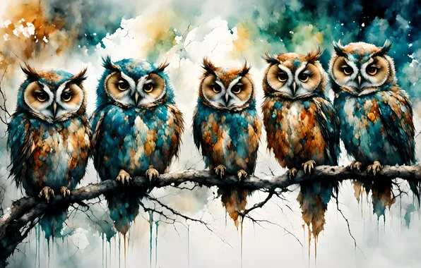 Look, birds, owl, figure, picture, branch, divorce, watercolor