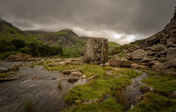 Summer, grass, trees, mountains, clouds, river, stones, rocks