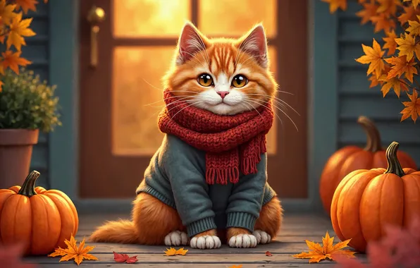 Autumn, cat, look, light, pose, smile, comfort, house