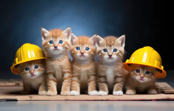 Cat, look, cats, pose, the dark background, kitty, together, yellow