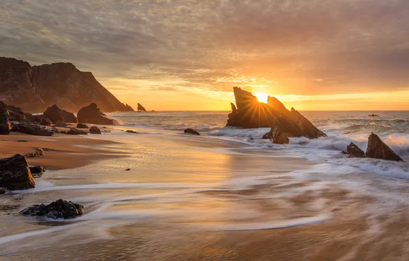 Sea, wave, beach, sunset, stones, rocks, dawn, shore