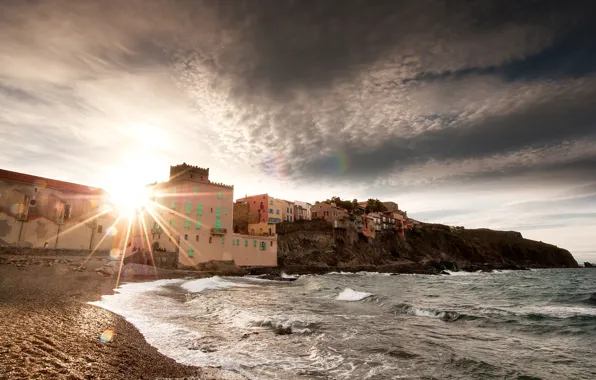 Sea, wave, beach, the sky, the sun, landscape, rock, shore