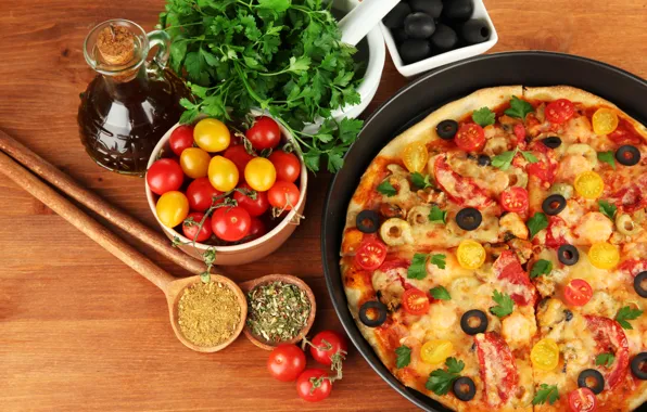 Food, cheese, pizza, tomatoes, olives, parsley, dish, olives