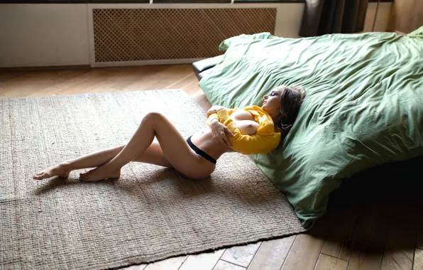 Chest, sexy, pose, room, model, panties, bed, carpet