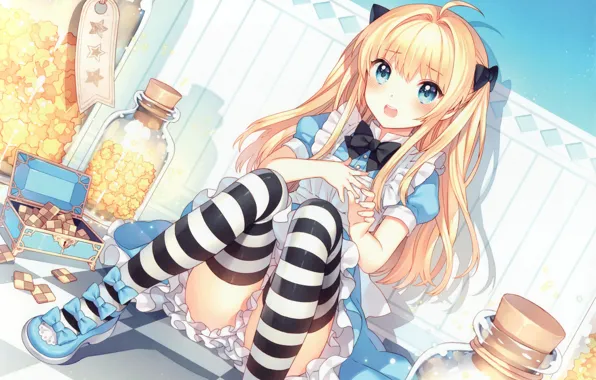Picture box, tube, banks, bows, blue eyes, art, Alice, cookies