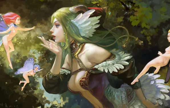 Forest, girl, feathers, elves, horns, green hair, art, Xiaji