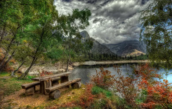 Forest, clouds, trees, mountains, lake, shore, hdr, Italy