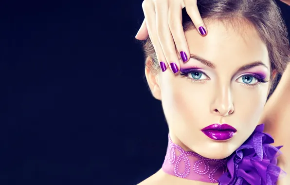 Picture girl, portrait, hands, makeup, beauty, lilac makeup