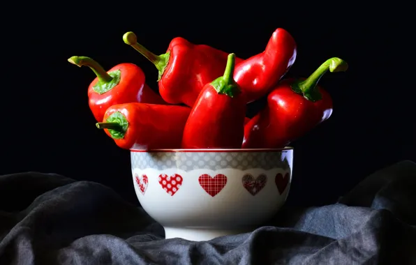 Red, food, pepper, bowl, black background, still life, sharp, vegetables