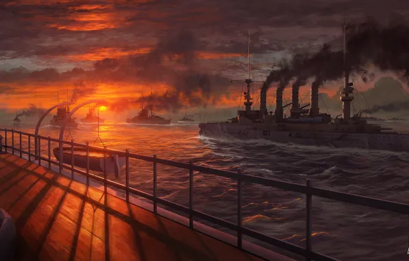 Sunset, The sun, The ocean, Sea, The game, Smoke, Ship, Ships