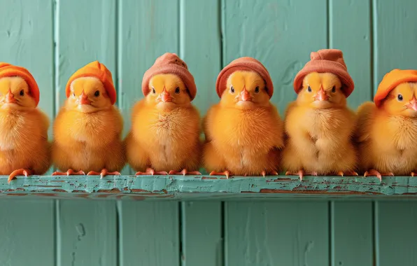 Birds, wall, Board, chickens, yellow, Board, company, Chicks