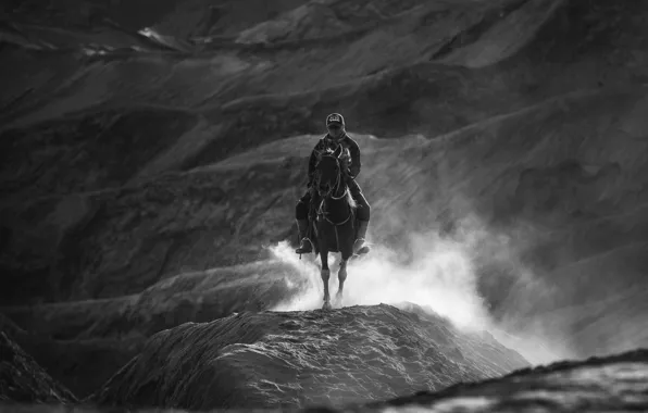 Hills, horse, rider, black and white photo