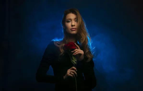 Flower, rose, Light, beautiful girl, female portrait, blue haze, Malyshev Alexey