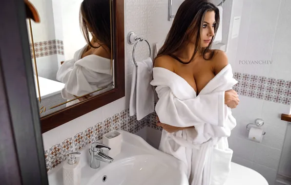 Chest, sexy, pose, reflection, model, makeup, sink, mirror