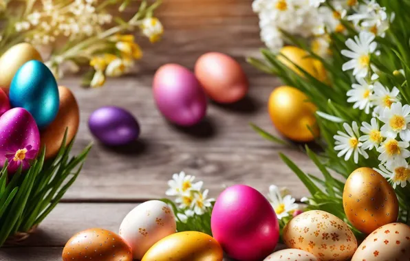 Picture flowers, eggs, spring, colorful, Easter, happy, flowers, spring