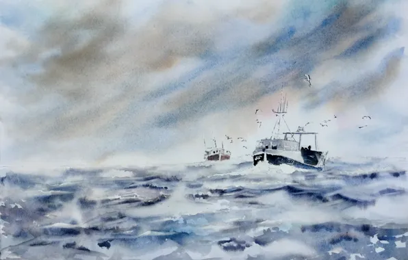 Sea, ship, picture, watercolor