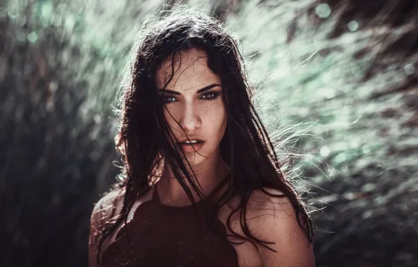 Look, the sun, background, model, portrait, wet, makeup, brunette