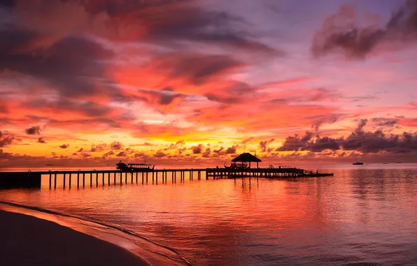 The sky, the ocean, dawn, pierce, the Maldives, Bungalow