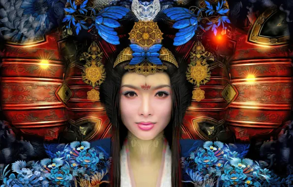 Girl, decoration, flowers, Japanese