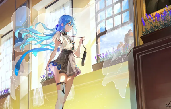 The wind, tie, handbag, schoolgirl, blue hair, sunlight, window, tulle