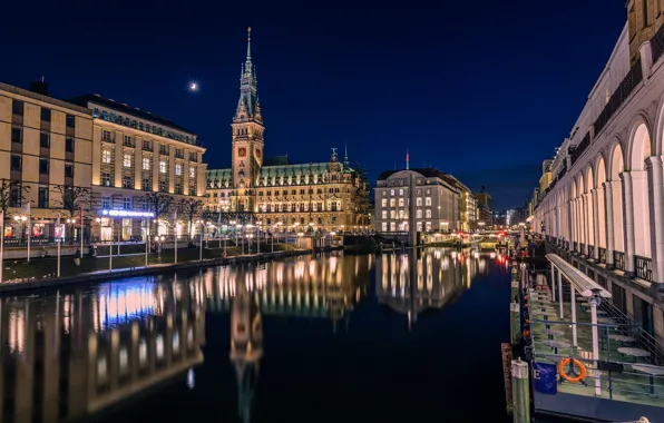 Reflection, river, building, home, Germany, night city, promenade, Hamburg