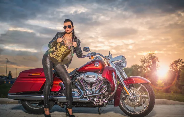 Girl, red, tattoo, motorcycle, Harley Davidson, bike, rock, Harley