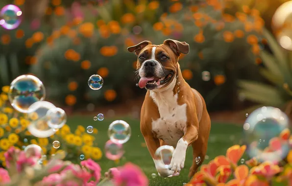Summer, look, flowers, dog, garden, bubbles, face, AI art
