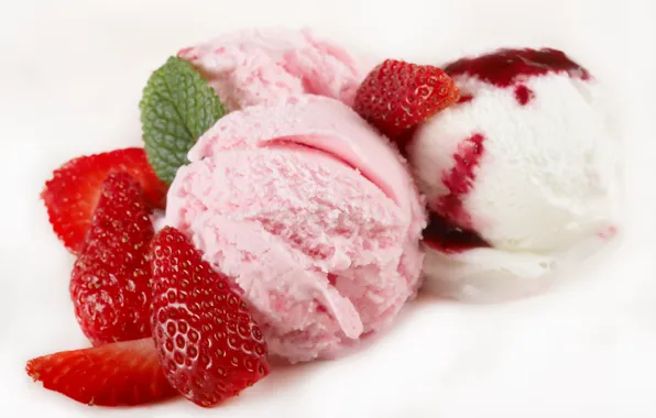 Strawberry, ice cream, leaf, slices