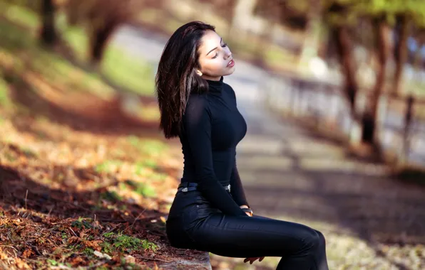 Autumn, girl, the sun, nature, pose, Park, figure, bokeh