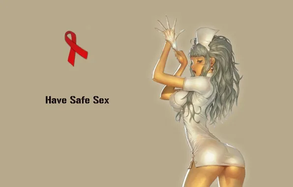 Gloves, grey background, nurse, grey hair, red ribbon, sideways