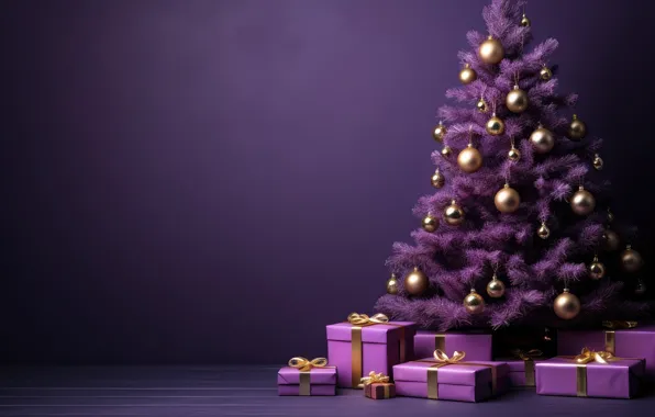 Balls, the dark background, Christmas, purple, gifts, New year, tree, bows