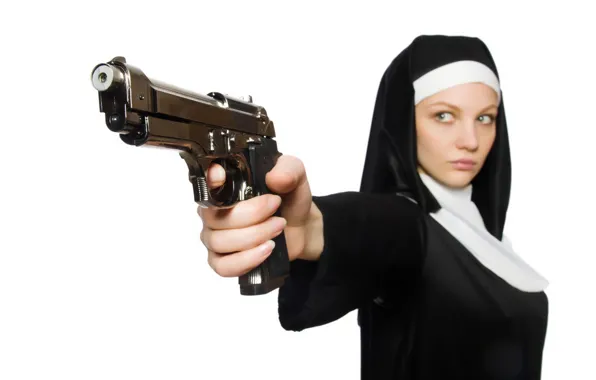 Picture gun, white background, nun, passionate, nun