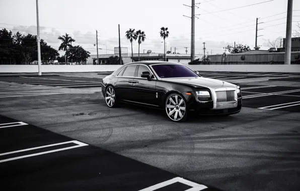 Black, lights, Rolls Royce, Ghost, drives, black, rolls Royce