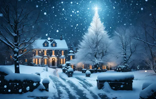 Winter, snow, night, house, Christmas, New year, house, snowfall