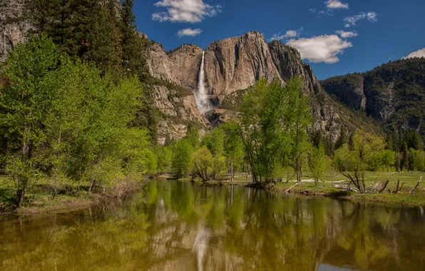 Trees, mountains, river, waterfall, CA, Yosemite, California, Yosemite National Park