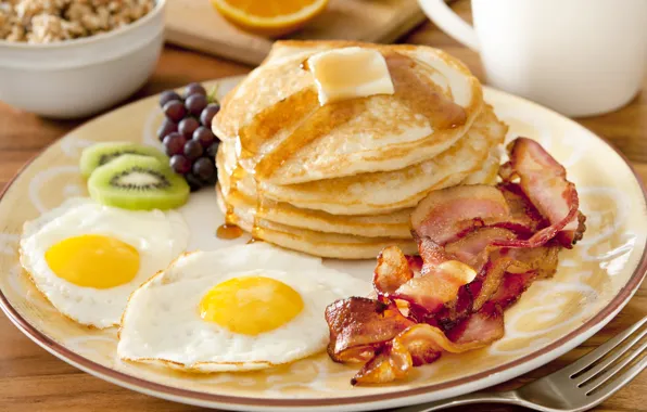 Breakfast, fruit, scrambled eggs, fruit, pancakes, pancakes, Breakfast, scrambled eggs