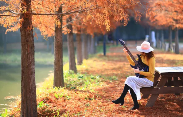 Autumn, light, trees, bench, pose, pond, Park, music