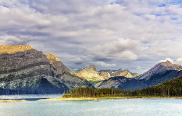 Picture the sky, clouds, trees, mountains, Canada, Albert, lake Kananaskis, Geherty's point